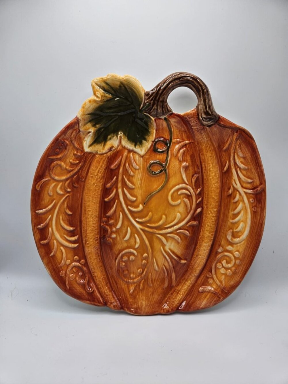 Heritage Harvest Ceramic Pumpkin Platter 9.5" Fall Thanksgiving Decor